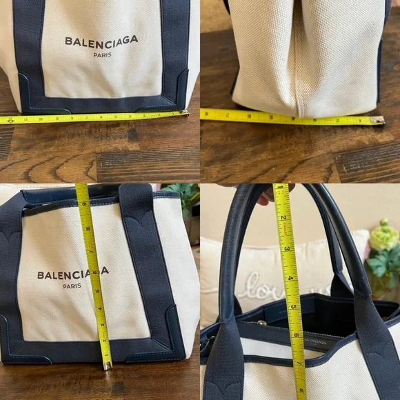 Balenciaga $1,200 Cabas Canvas Navy Leather Trim Tote Bag